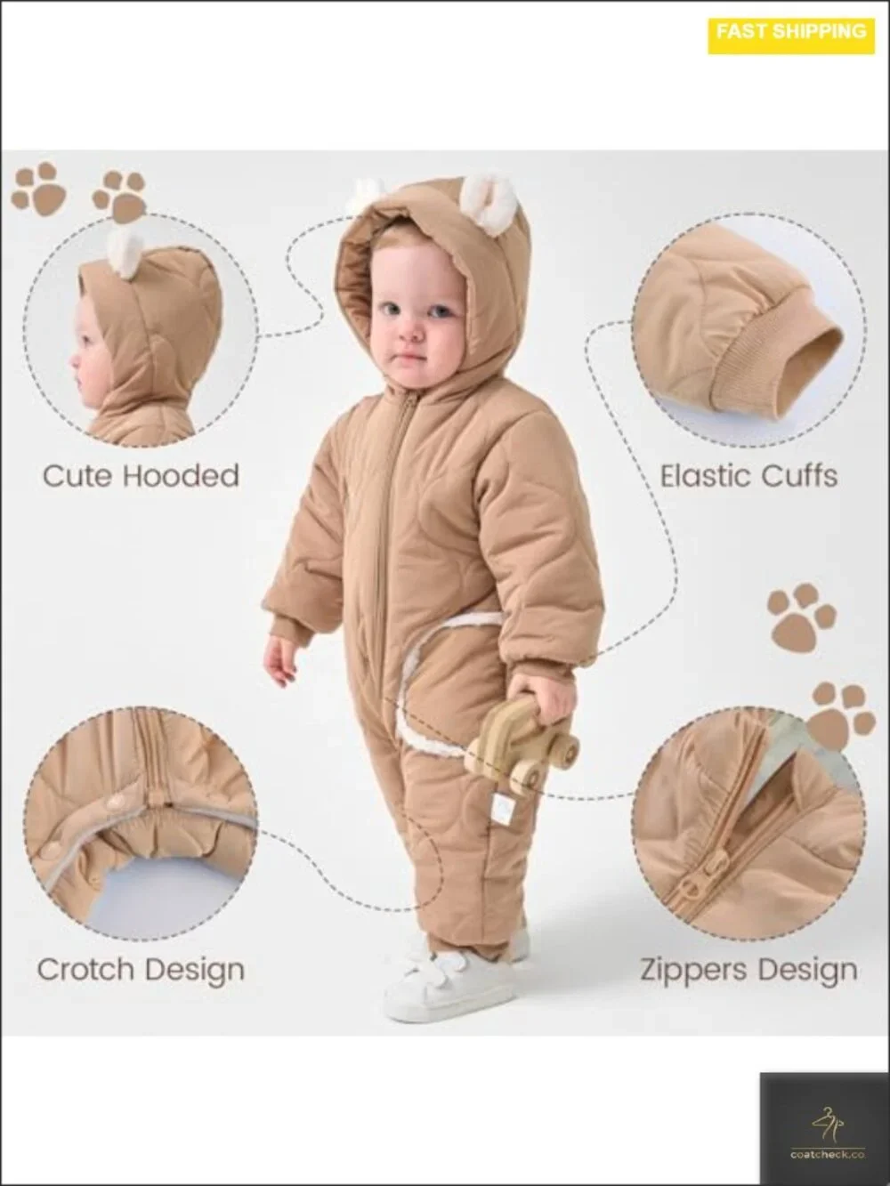 Baby Bear Snowsuit Hooded Winter Coat Cotton Lined Zipper Snap Closure